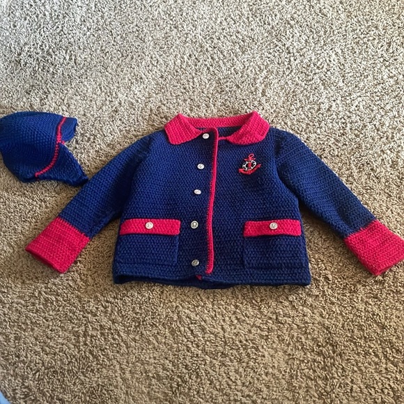 Unique Vintage Girls heavy navy & red hand knitted sweater/coat. Sz 3/4? - Picture 2 of 14